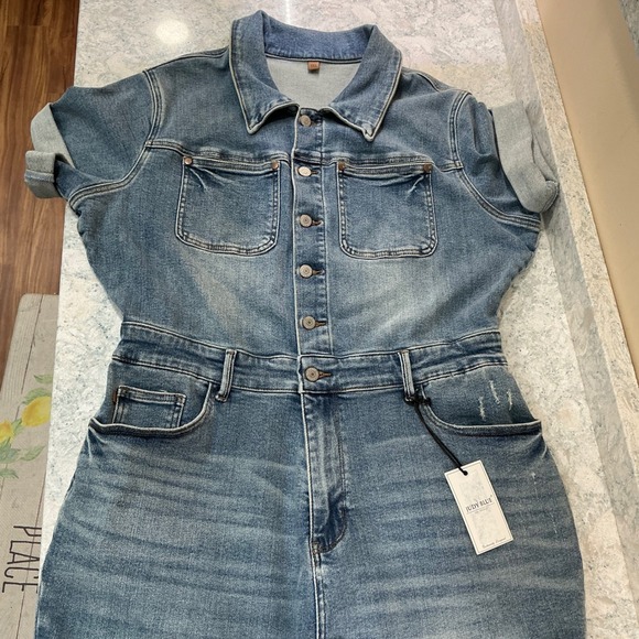 Judy Blue Pants - Judy Blue Denim Romper JB150244 MD 1XL Medium Blue Button Front Distressed Short